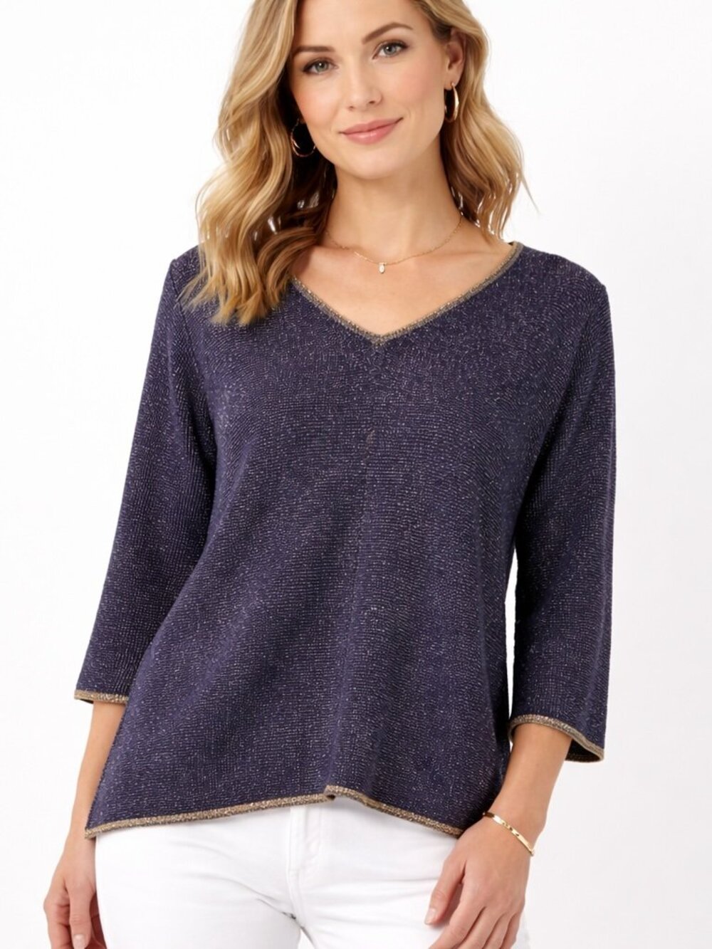 Gerard Darel Paris Metallic Knit Top Blue Gold V Neck Italy Sz 1 M Shimmer
